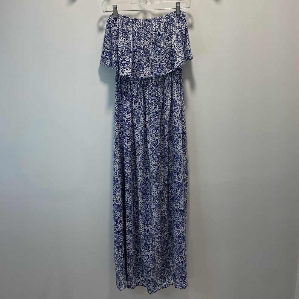 Blue and White Strapless Maxi Dress